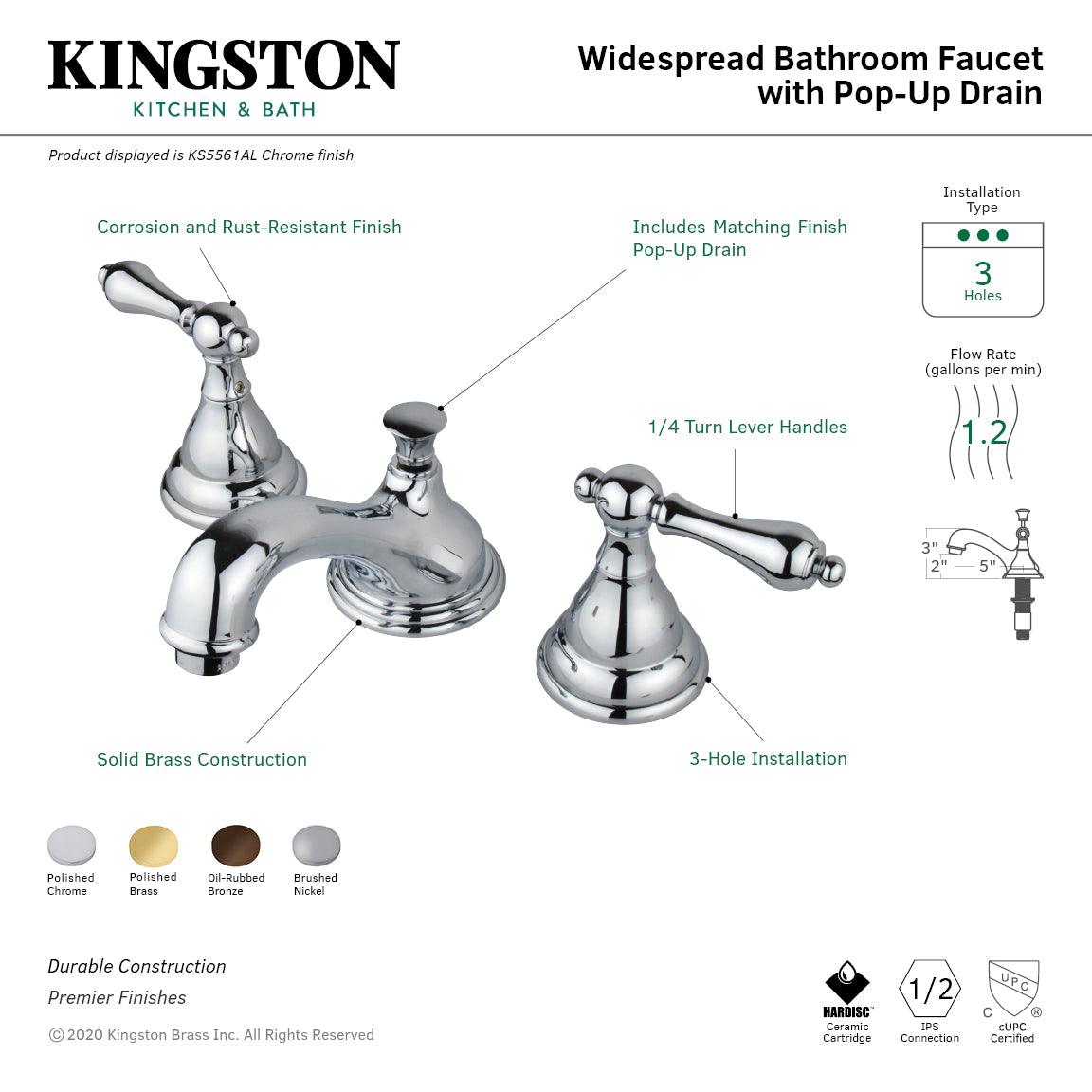 Kingston Heirloom KS5561ALTwo-Handle 3-Hole Deck Mount Widespread Bathroom Faucet with Brass Pop-Up, Polished Chrome — thumbnail 3
